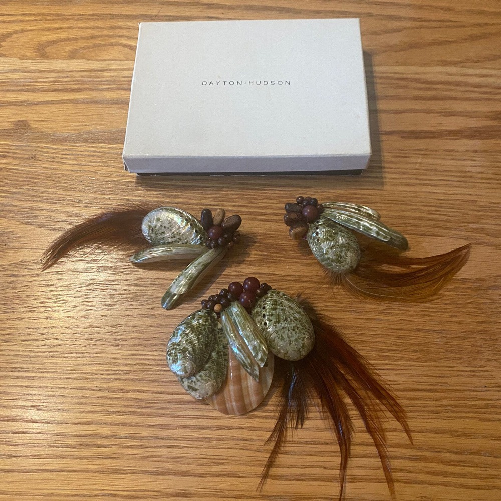 Vtg. Dayton Hudson Brooch Clip-On Earrings Set Shell Wood Feather Original Box